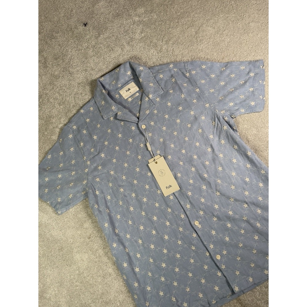 Folk Collar Button Down Shirt in Light Blue Embroidered Linen Blend Men's M NWT